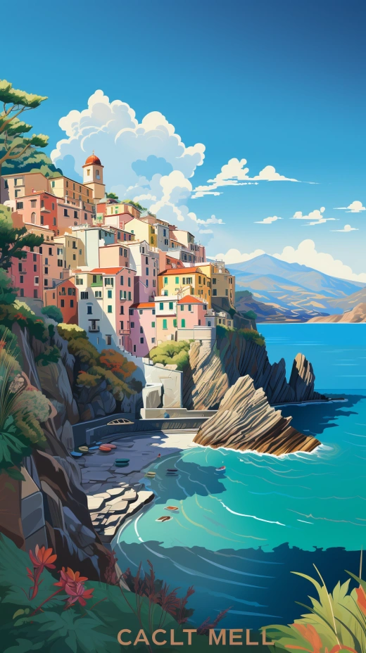 “意大利里维埃拉悬崖上的五渔村：彩色村庄，壮丽海景，地标绘画风格勾勒的建筑倒影”