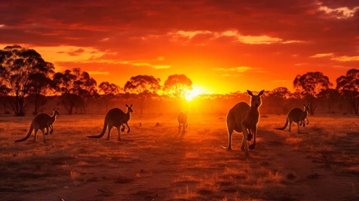 澳洲荒漠中一群袋鼠跃过火红落日