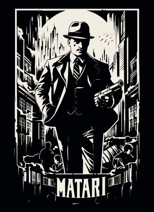 復古黑白色Mafia犯罪電影海報設計模板，采用矢量風格與Linocut風格，展現1930年代的復古魅力。