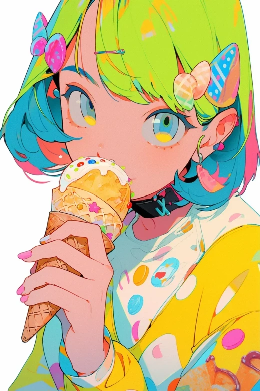 Y2K风格下的彩虹裙女孩，吃着冰淇淋的卡通插画