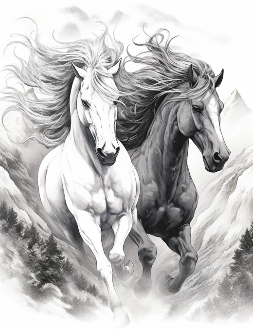 奔腾于山野的黑白雄马，长鬃长尾高昂，火花四溅如彩色图书，惊心动魄