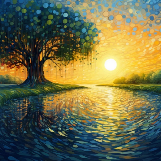 湖畔的垂柳樹，葉綠藍漸變，葦葦叢中，引人入勝之景。