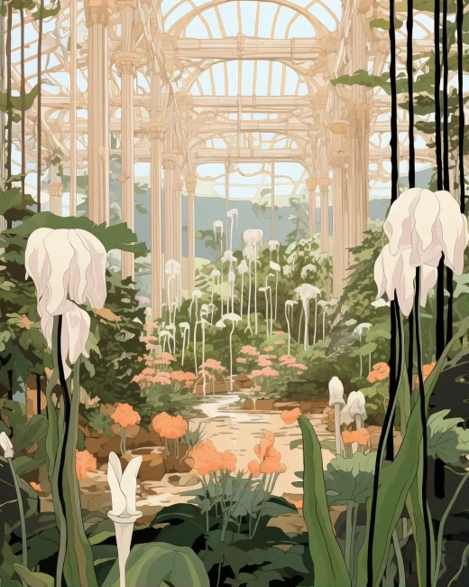 植物园春色：藤蔓与蕨类的故事，Adrian Tomine的生物亲和设计，热带风情，柔和色彩。