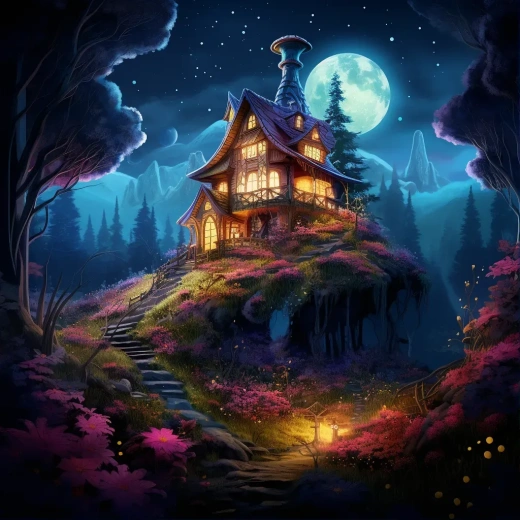 山巔奇幻之家：夜幕下五彩霓虹花谷的細膩描繪