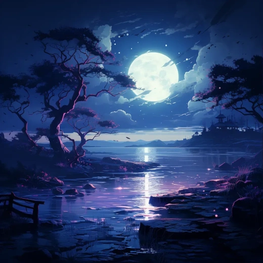 月夜璀璨，海天相映，葉影婆娑，中國風動畫，藍紫交融