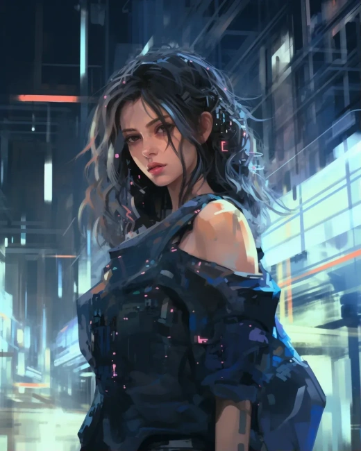 賽博朋克女孩與安卓程序員，在東京的素描畫中，Gaugin風格原始圖片。