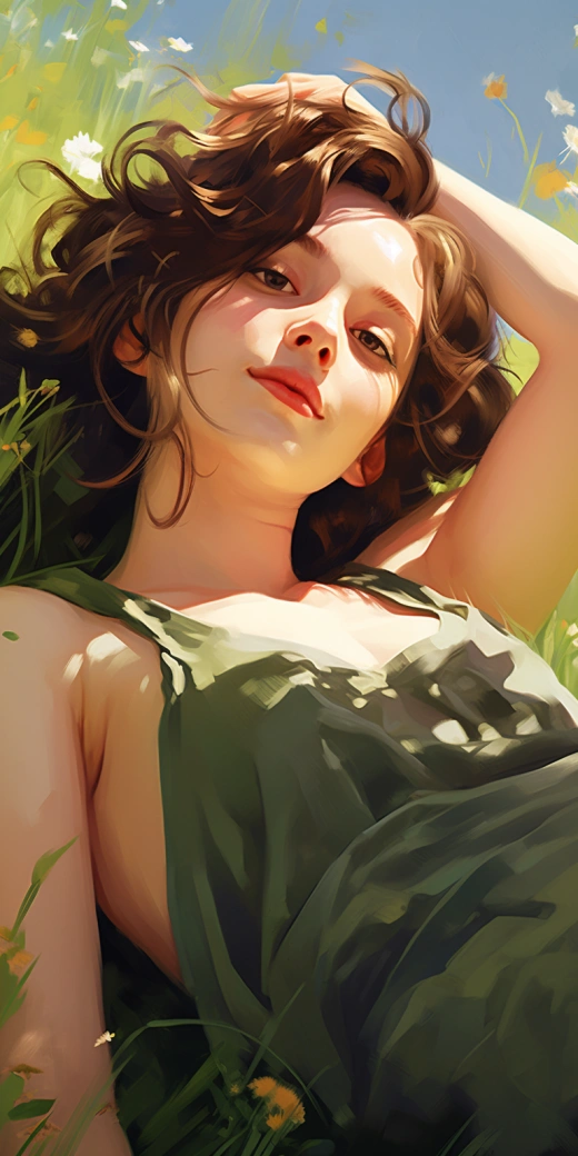 柔美如畫，仙境夢幻——少女綠草間橫臥，唯美動態畫作。