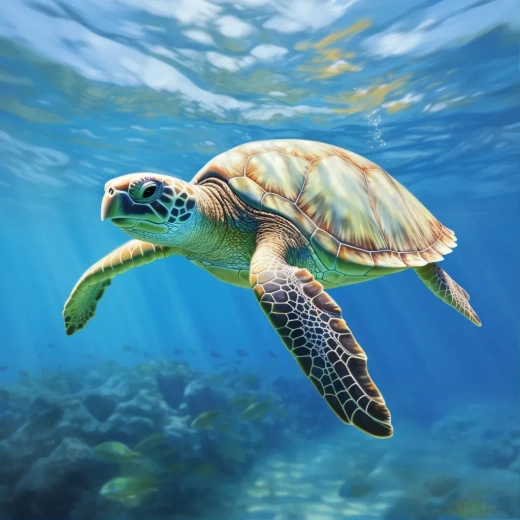 蓝色海洋中的美丽绿海龟，高清晰逼真游泳画面