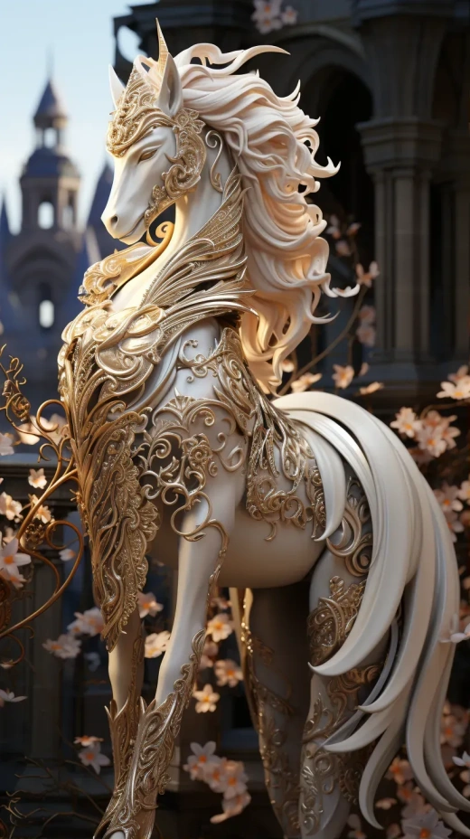 夢幻小仙女白馬：細膩金裙，超萌花枝，Pixar風格，擬人化睡姿，虛幻引擎Octane渲染，4K HDR寬角視角