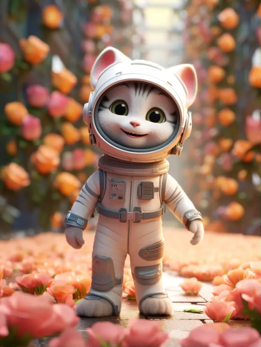 Pixar风格的可爱小猫咪太空人造型，与《小王子》在玫瑰园的邂逅