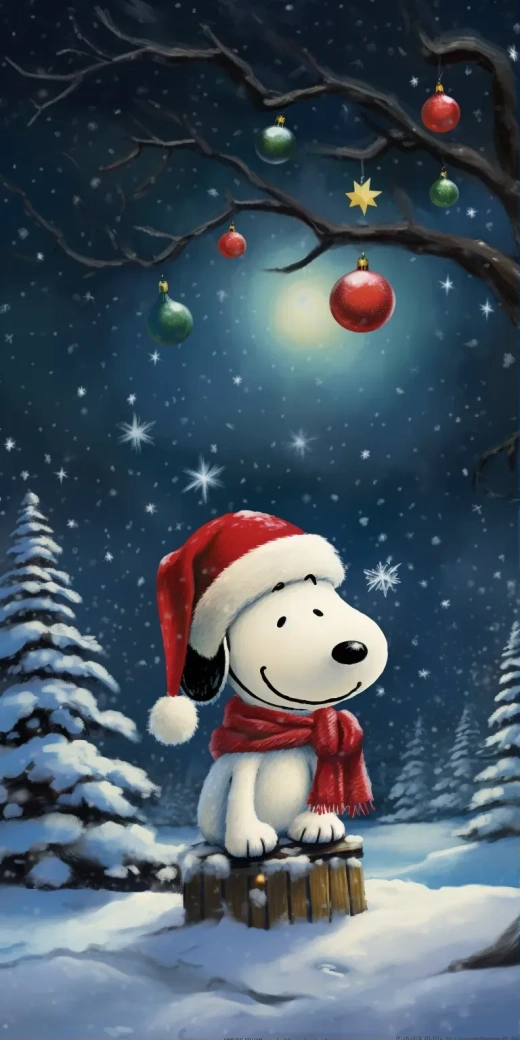 可爱的史努比与花生在雪夜星空下，欢乐庆祝圣诞节