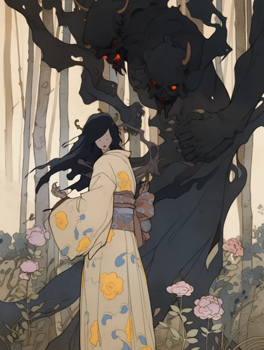 在幽暗童話森林中，美麗的女妖凝視著村姑采花的浮世繪風格插畫