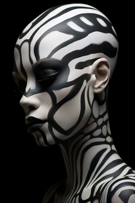 黑白抽象风格的女性纹身瓷像：立体阴影与大胆线条的魅力