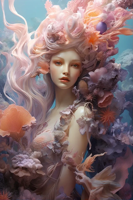 美麗的美人魚，透亮的目光，珊瑚和水母