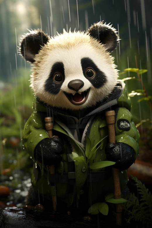 熊貓夢工廠：雨中歡快滾動的迷你熊貓，細(xì)節(jié)豐富的竹林背景，專業(yè)色彩調(diào)整，柔和陰影，無對比度，清晰聚焦，如電影般攝影效果。