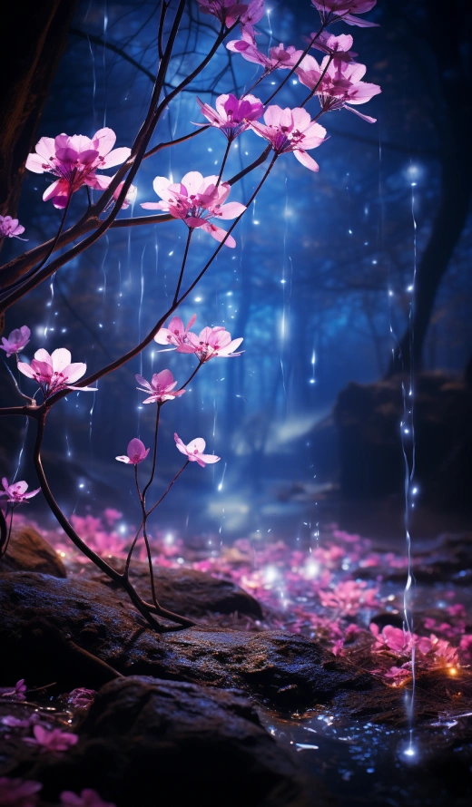 “夜晚叢林中的紫色美樹：花朵與晶體的真實之美”