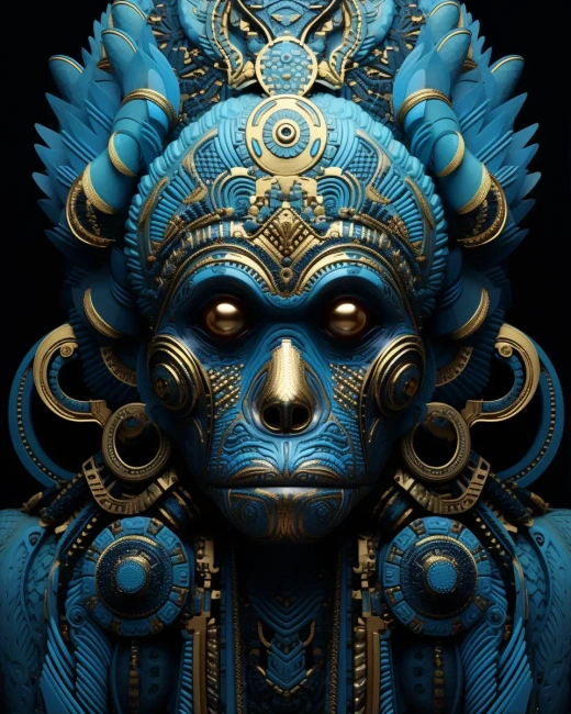 新年版Ep'Monkey OCclusion Art：以Rebeca Saray風(fēng)格呈現(xiàn)，金青色調(diào)，科技對(duì)稱(chēng)，密集圖案，超現(xiàn)實(shí)科幻，機(jī)器美學(xué)，對(duì)稱(chēng)混亂