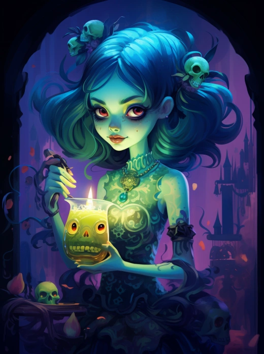 幻彩仙女手持魔法藥水，炫彩風格如夢幻墓地，翠綠紫羅蘭，華麗服飾，骨骼模型，可愛卡通設計。
