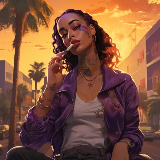 在黃昏時(shí)分的繁忙社區(qū)，Jorja Smith燃燒雪茄微笑著走在棕櫚樹(shù)下。