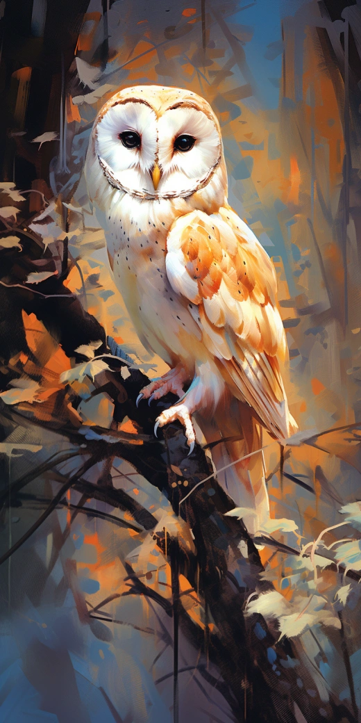 充滿活力的動態組合：數字繪畫大師Dmitri Danish繪制的Barn Owl壁畫，近距離展示Martiros Saryan與Louis Wain風格，速度繪畫壁紙系列