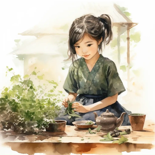 小女孩品茶圖，簡潔畫風