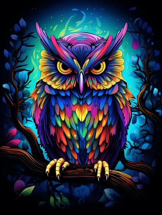 彩色插画：荧光猫头鹰，卡通风格，线条粗犷，细节较少，无阴影。