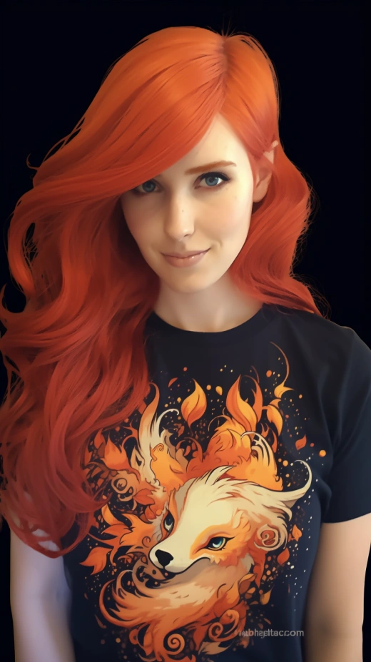 火焰狐狸图案T恤，萌萝莉红发女孩，充满魅力的搭配。