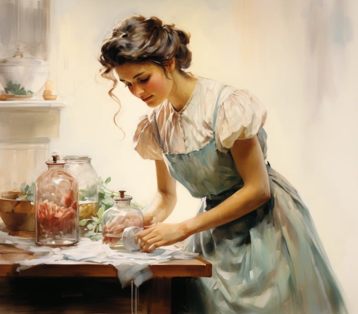 Cecily Mary Barker的風格描繪了一個家庭婦女在家中做家務