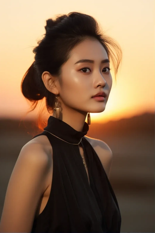 日落時分的亞洲少女，短馬尾發型，魅力攝影