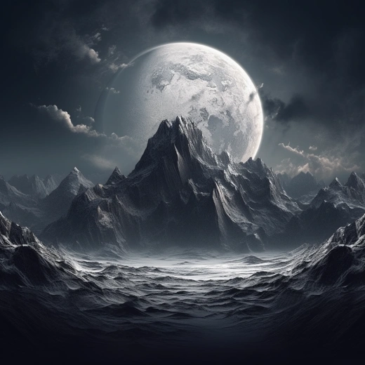 “夜幕降臨，兩座峻峭山峰之間的逼真巨灰月，如畫般細致入微。”