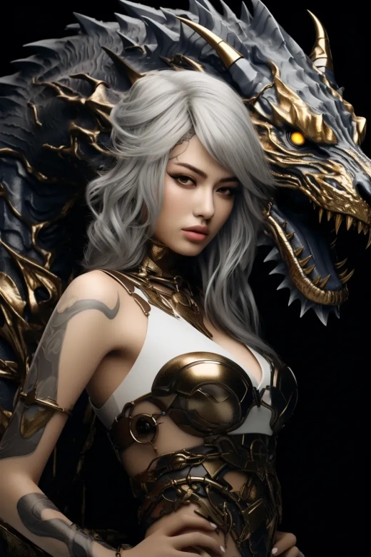 狼女與黑白色的龍紋身，賽希達里風格，機甲動漫風格，深金色和白色，高清圖像，黑色背景，精細繪畫，特寫，引人注目的組合。