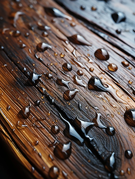 雨天的濕潤木桌，水滴在表面舞蹈