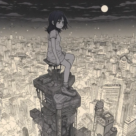 宫崎骏风格的《星际穿越》漫画插画，夏娜站在城市中心塔顶发布视频