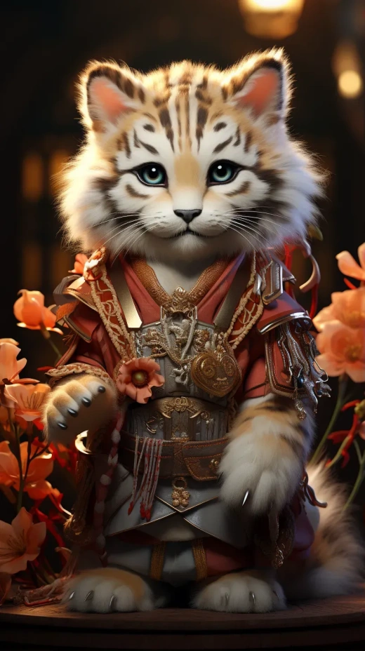 可愛的奇幻寶寶虎，身著漢服，全身詳細3D動畫，對稱中心設計，桃花背景，豐富多彩的色彩渲染，類似皮克斯風格。