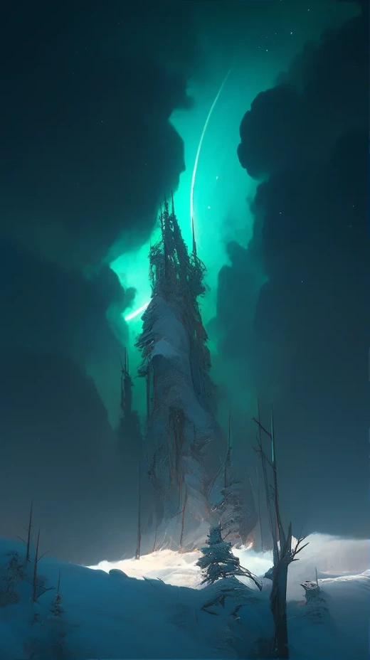 梦幻现实：8K超宽角CG渲染，透明雪花与绿光反射，震撼真实影响细节。