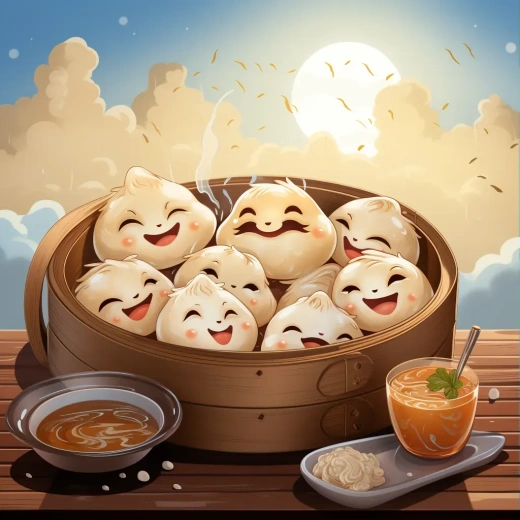 中文餃子制作卡通笑臉，閉眼微笑可愛手繪圖，扁平畫幅，1:1比例，分辨率5.2，質量1，尺寸750。