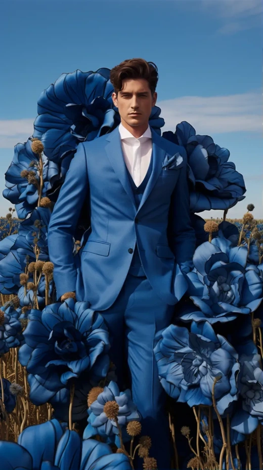 一位身着蓝色西装、棕发男子，站在花海中，展现爵士风时尚魅力。