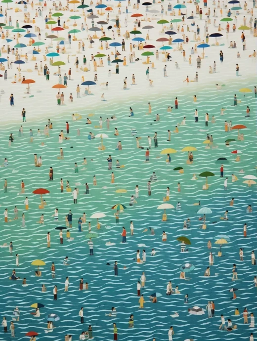 沙滩上的人与伞，细节丰富如 Lucy Grussmth 和 Hiroshi Nagai，鸟瞰视角展现，条纹画卷，青绿与米色交织，动感点彩风格——A3:4尺寸，原始风格