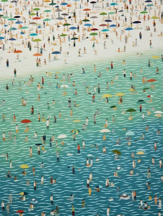 沙灘上的人與傘，細節豐富如 Lucy Grussmth 和 Hiroshi Nagai，鳥瞰視角展現，條紋畫卷，青綠與米色交織，動感點彩風格——A3:4尺寸，原始風格