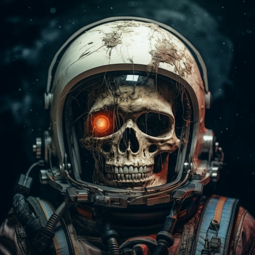 太空迷途的巨大宇航員頭盔中的骷髏，眼中熠熠發光，臟兮兮、腐朽的宇宙之旅
