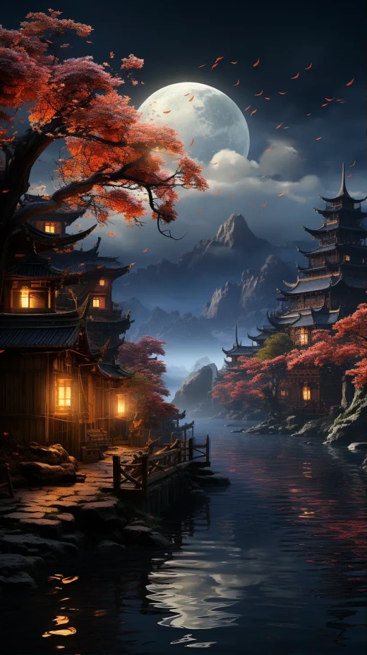 真實拍攝，8K超高清畫質，江南水鄉傳統中式建筑，湖邊楓樹旁漁船，月色朦朧，繁星閃爍，夜幕下植物高清。