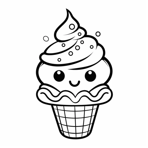 可爱卡通冰淇淋涂色页，适合幼儿手绘黑白动画风格