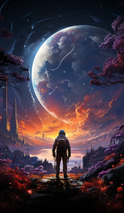 藝術家的插畫：夜核風格，描繪一位宇航員站在森林頂端，熱帶風景，鮮艷插圖，紫色與藍色，32k UHD，插畫，動漫藝術。