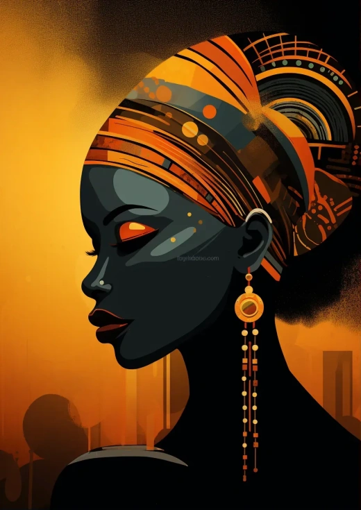 非洲女子图纹卡拉曼达帆布艺术照，大地色调，剪影光影，传统动画风格，装饰艺术感，深黑琥珀色，瞬息细节，层层模板工艺。