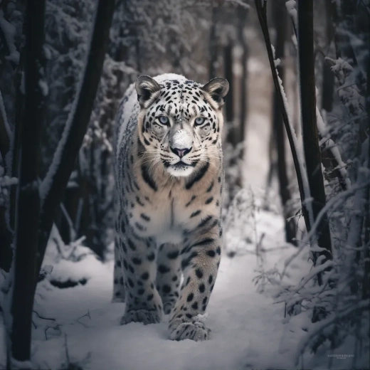 一只雪豹在森林中漫步