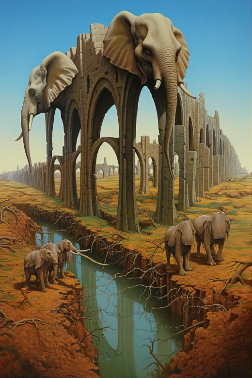 這些關鍵詞描述了一幅獨特的藝術作品，融合了現實與幻想。以下是一個可能的中文標題： 奇幻沙畫：四象戲骨骼，羅馬廢墟與未來視覺