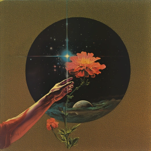 宇宙之手執金花，絢麗簡約振印徽，引領你進入Edward Bowden、Sybil Andrews、Maxfield Parrish和Moebius的奇妙世界。