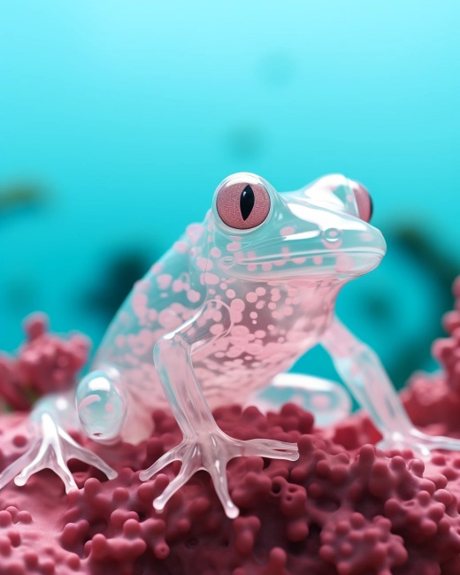 美麗的珊瑚海中，透明分層的塑料材質玻璃蛙3D模型，光粉色與白色交織，巴洛克動物風格，奧友美融合，宏觀鏡頭下的焦點。