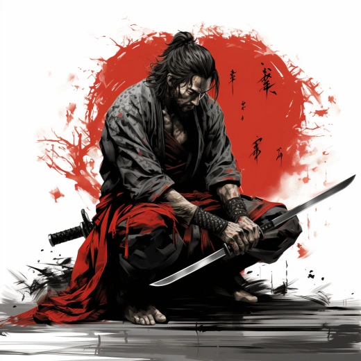黑白紅墨繪，背負刀劍的武士屹立蹲伏