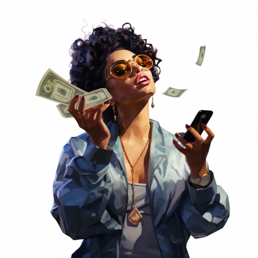 九十年代嘻哈風格繪畫：女人拿著現金爭論，背景為白色